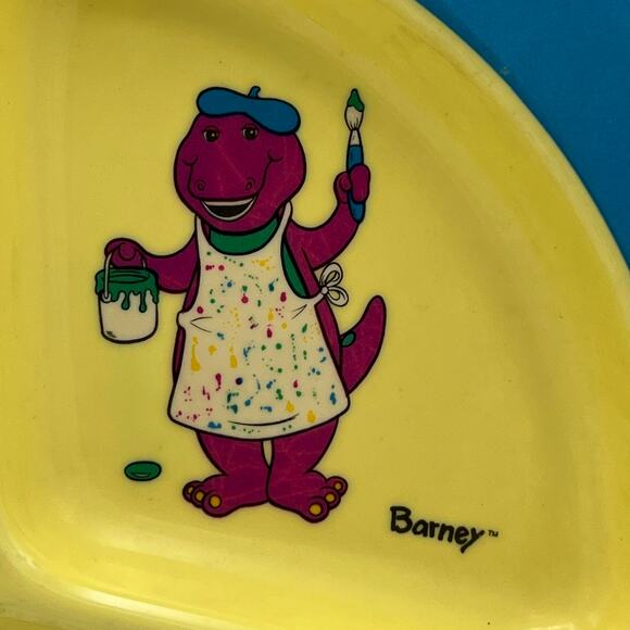 VTG 90s Barney Purple Dinosaur Loves to Paint 9" Divided Kids Plate Melamine - Picture 5 of 8